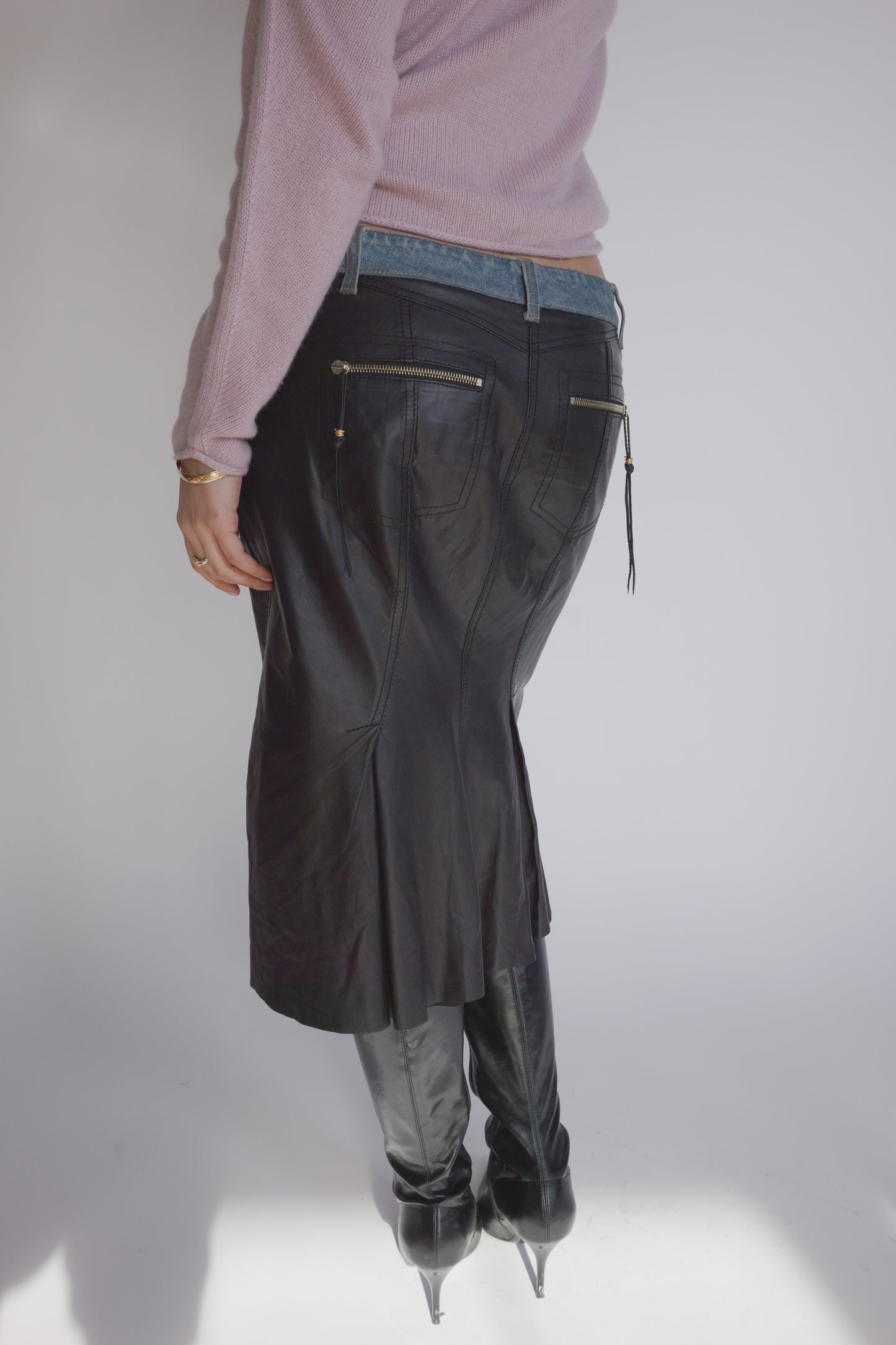 Roberto Cavalli Denim & Leather Skirt