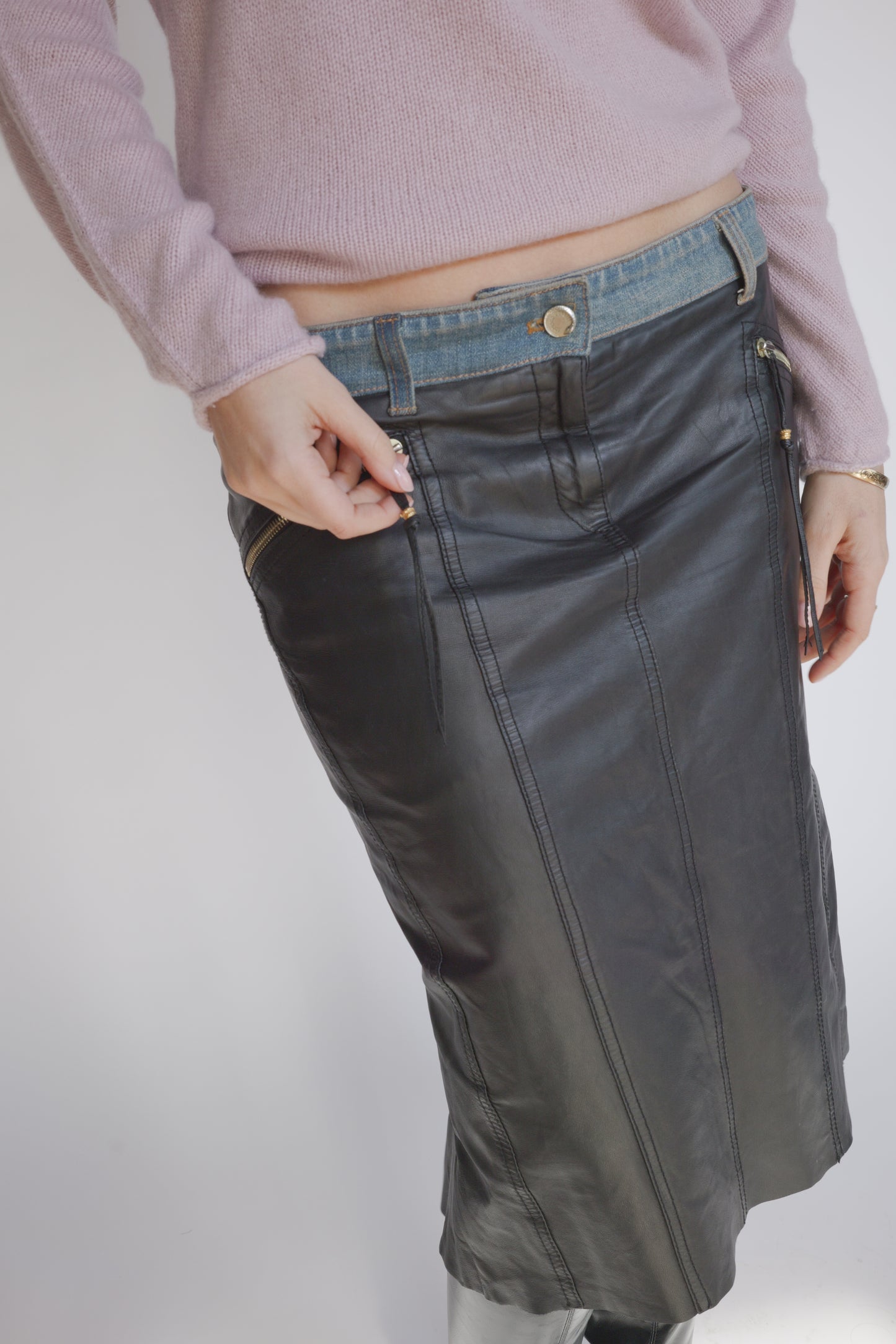 Roberto Cavalli Denim & Leather Skirt